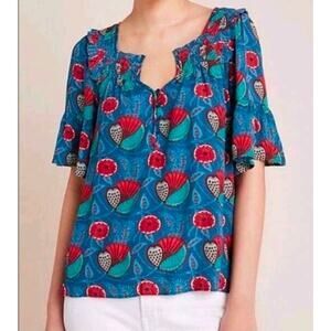 Maeve Letitia Anthropologie Floral Fan Smocked Blouse Ruffle Neck Boho Festival
